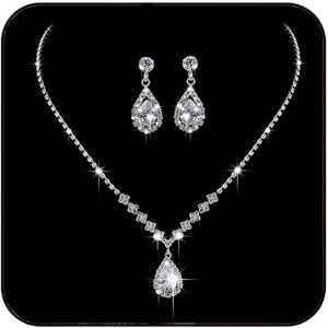 Bride Silver Bridal Necklace Earrings Set Crystal Wedding Jewelry Set Rhinestone